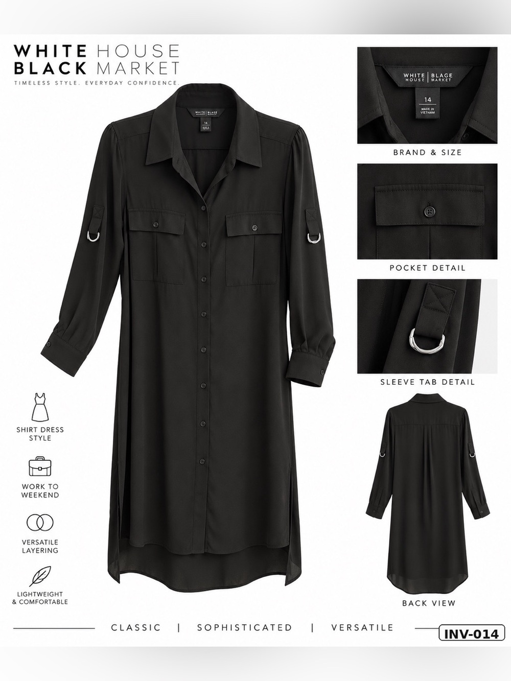 White House Black Market Black High-Low Shirt Dress with Sleeve Tab Detail